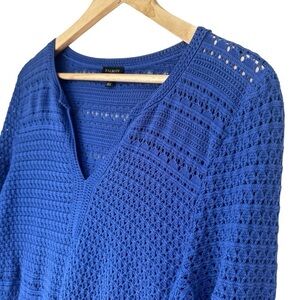 Talbots Blue Open Stitch 3/4 Sleeve V-Neck Sweater, Small